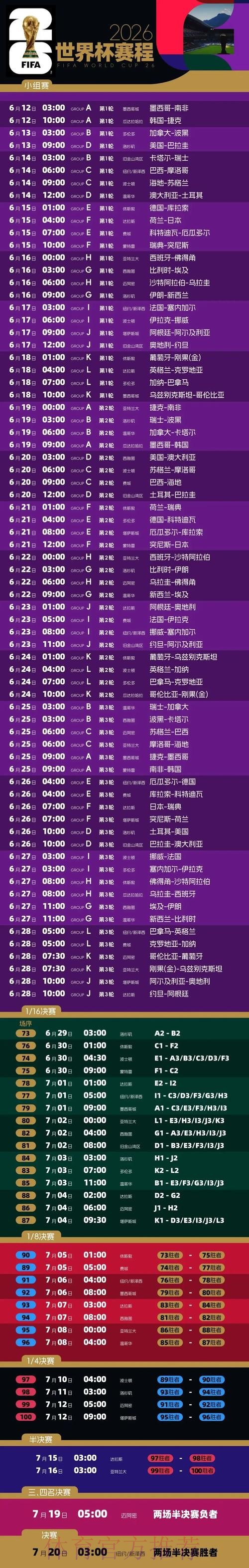 2026世界杯比赛时间最新比赛时间表免费观看