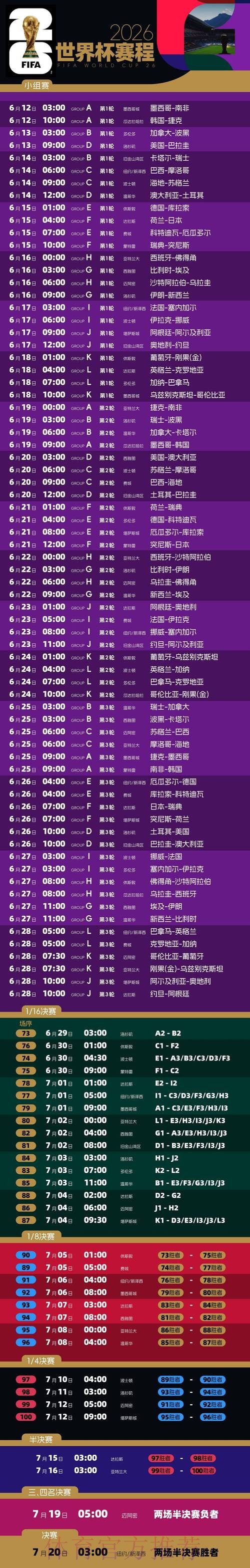 2026世界杯完整赛程一览高清直播免费观看 2026世界杯完整赛程一览高清直播免费观看